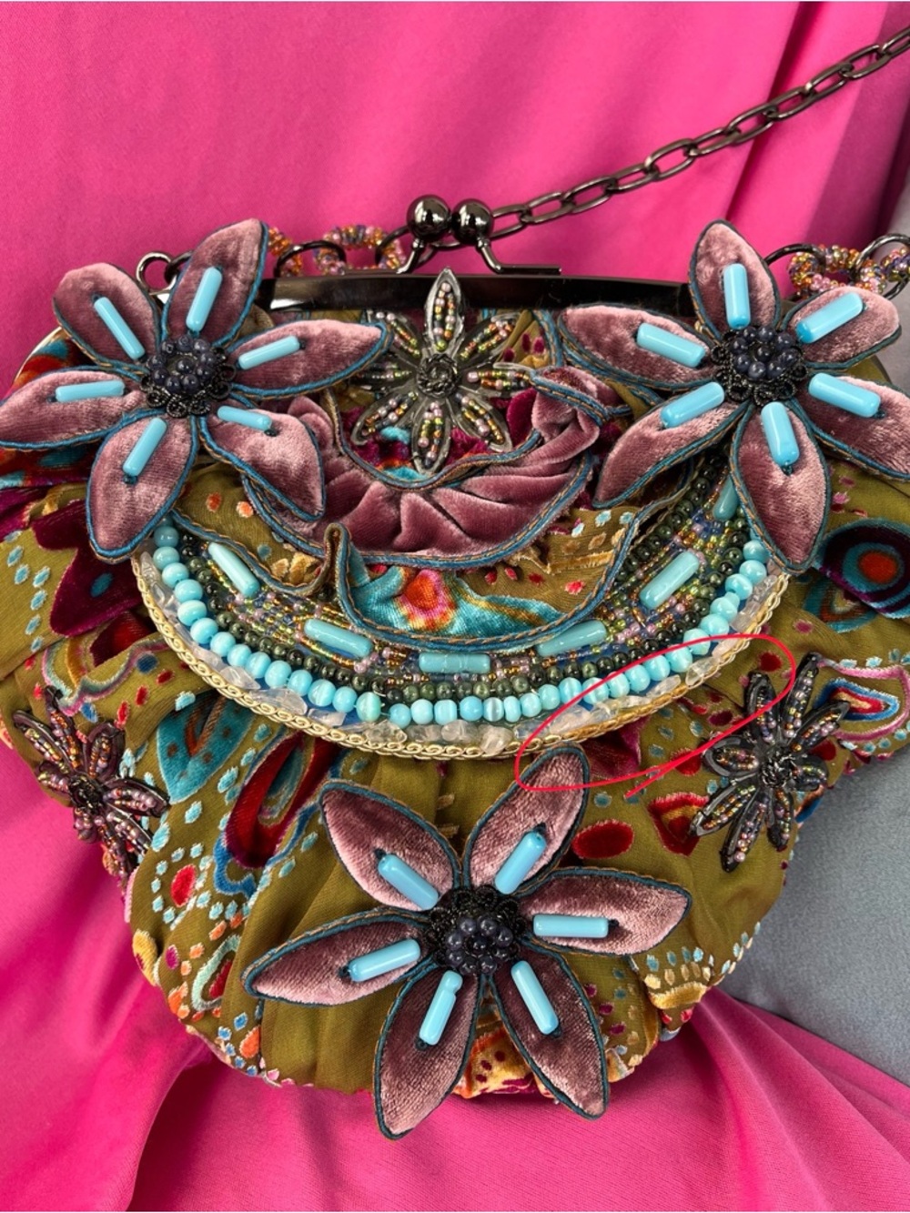 Mary Frances Vintage Olive & Mauve Floral Beaded Clutch, NWT - Picture 7 of 15